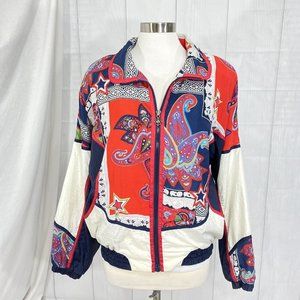 Vintage East West Women’s L Jacket Windbreaker 80s Red Navy Blue Floral Stars #D